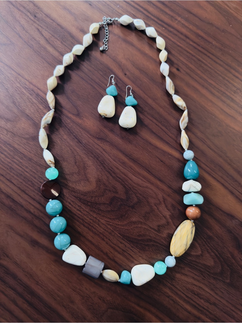 Boho Turquoise-Tone & Cream Beaded Necklace +Earrings Set